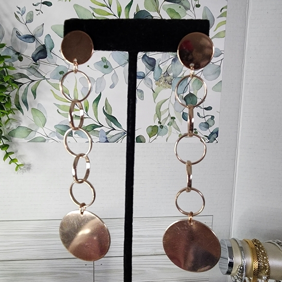 Rose Gold Long Coin Disc Drop Dangle Earrings - Picture 4 of 5